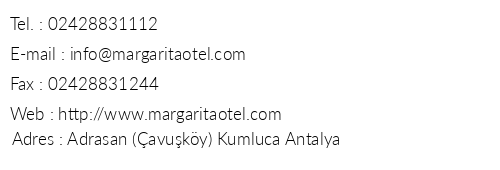 Margarita Otel telefon numaralar, faks, e-mail, posta adresi ve iletiim bilgileri